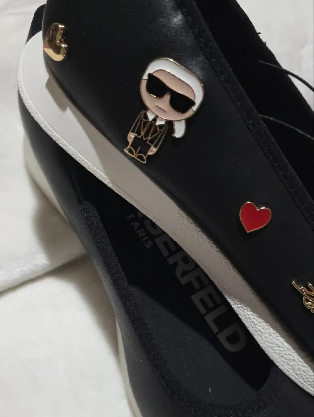 Karl Lagerfeld Black Ballet Flats with White Sole and Cat Charms